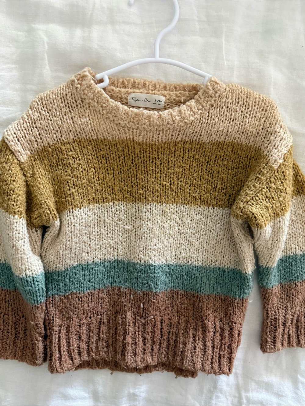 Rylee + Cru Crewneck Striped Sweater in Cream, Mustard, Teal, Brown